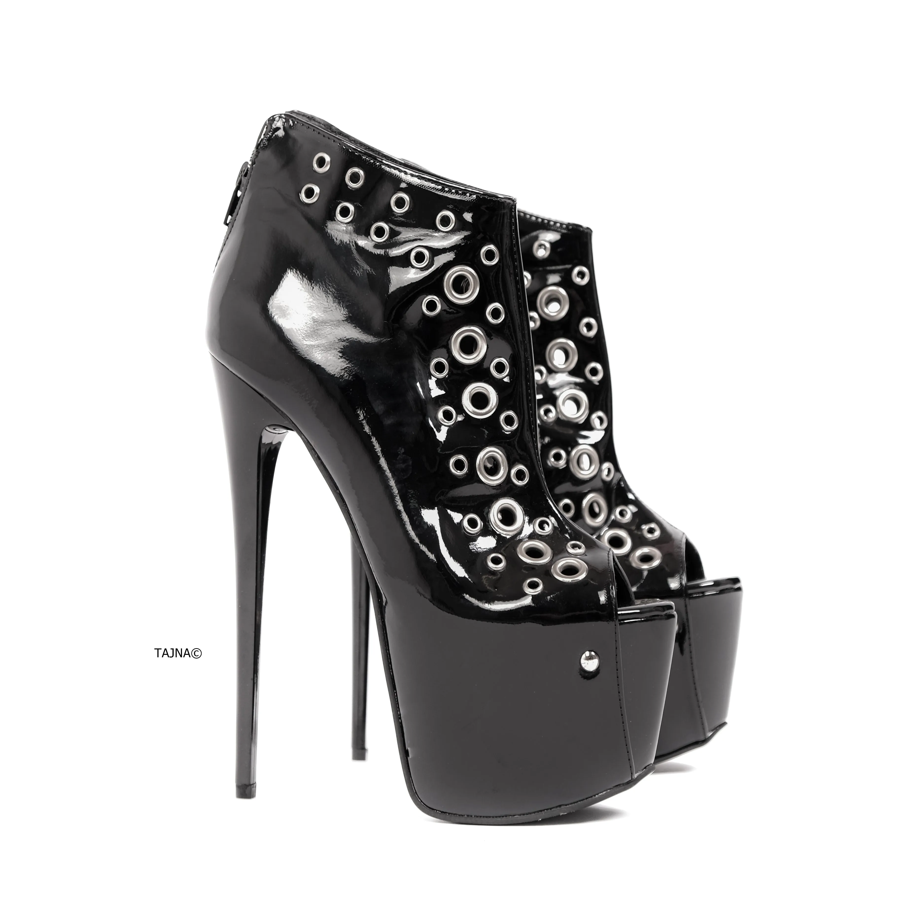 Black Gloss Ankle Cut Pinned Rocker Heels