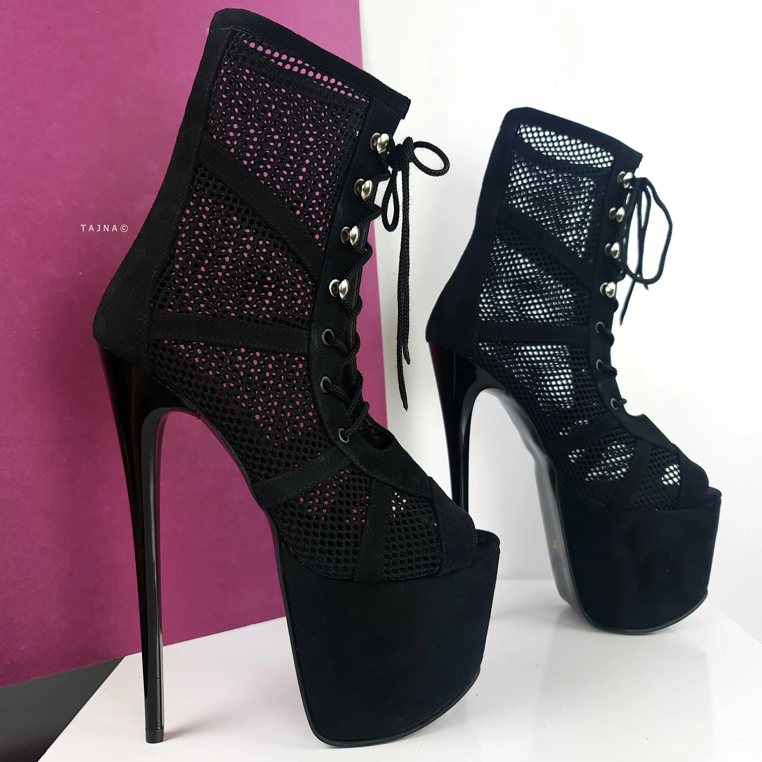 Black Suede Fishnet Lace Up Ankle Boots