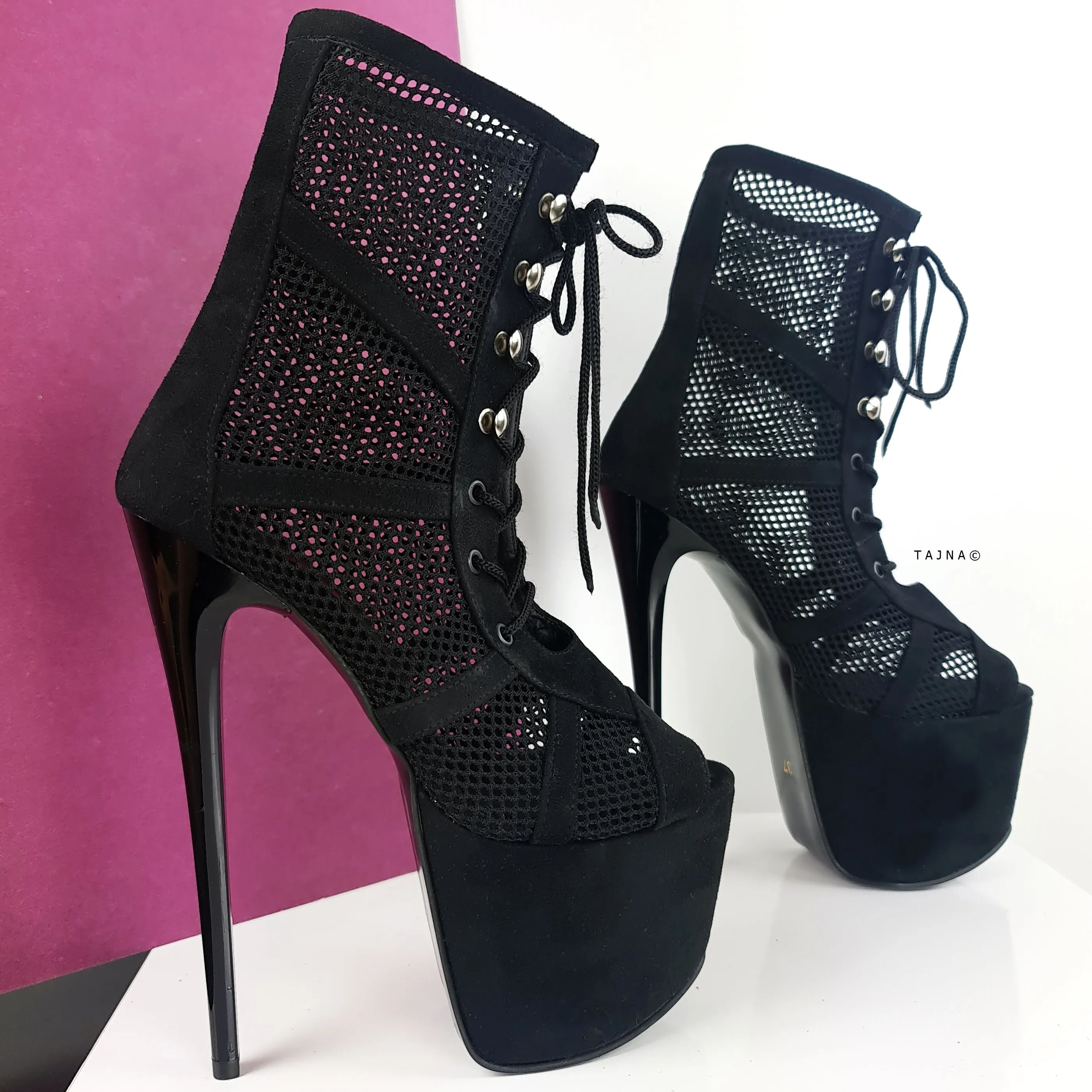 Black Suede Fishnet Lace Up Ankle Boots