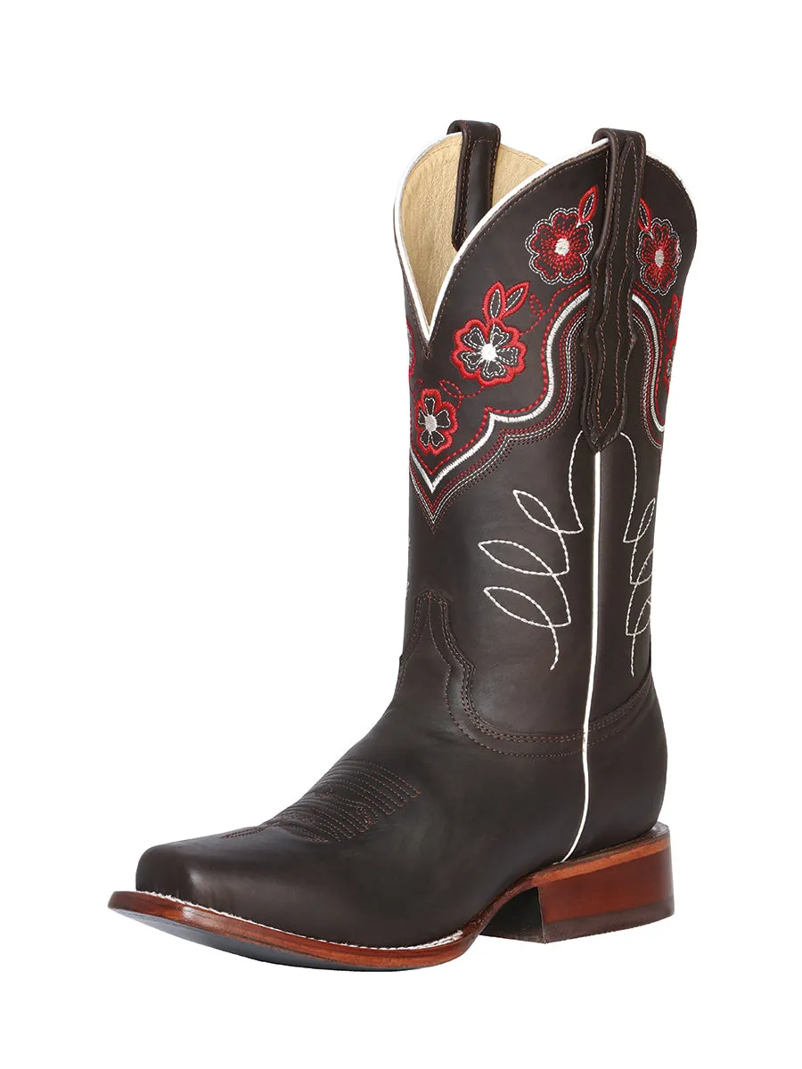 Botas Vaqueras Rodeo con Tubo Bordado de Flores de Piel Genuina para Mujer 'El General' - ID: 42981