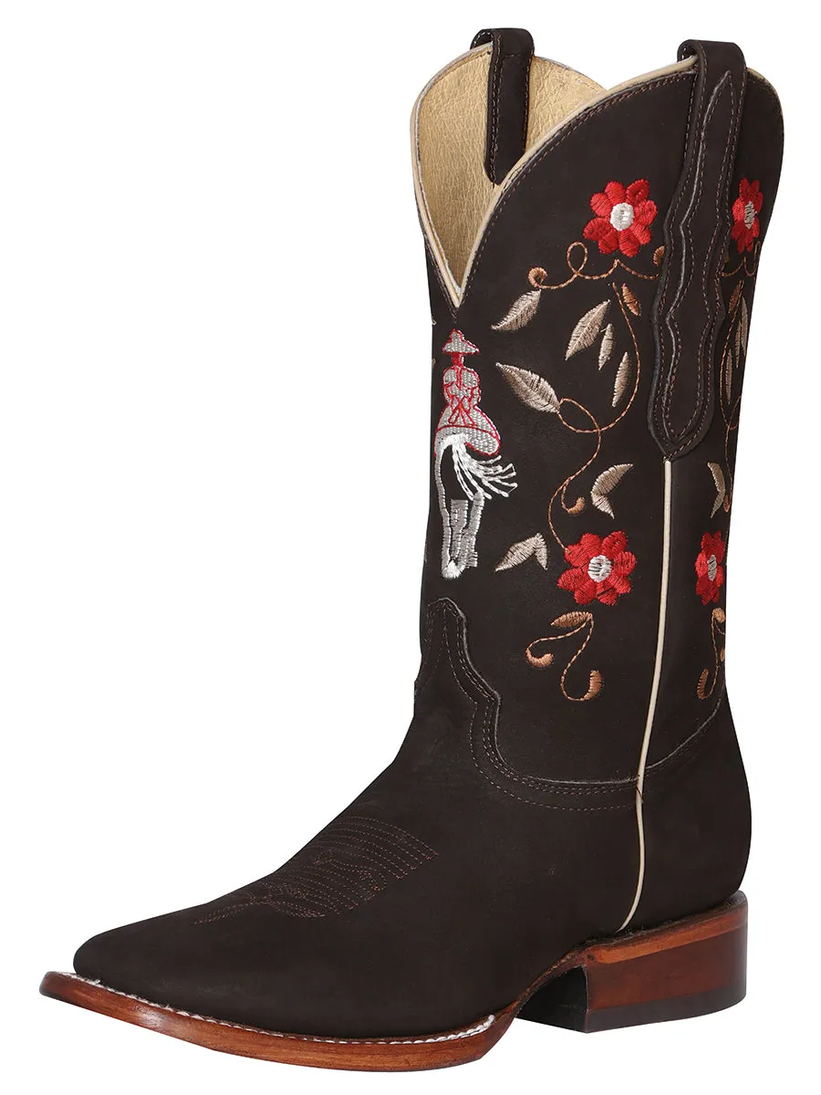 Womens El General Rodeo Cowboy Boots with Embroidered Floral Tubing in Premium Nubuck Leather - ID: 42974