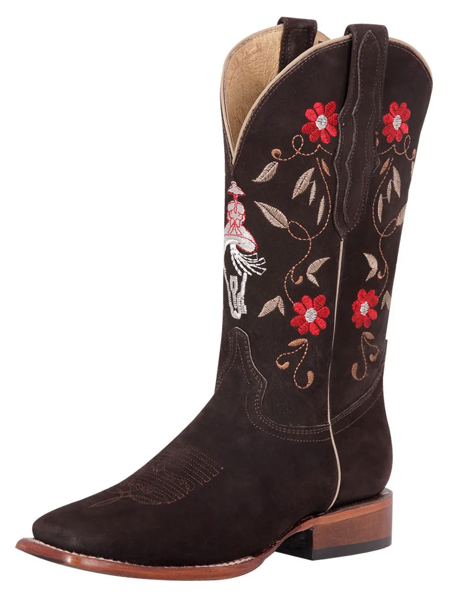 Womens El General Rodeo Cowboy Boots with Embroidered Floral Tubing in Premium Nubuck Leather - ID: 42974