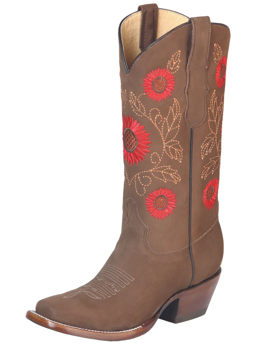 Botas Vaqueras Rodeo con Tubo Bordado de Flores de Piel Nobuck para Mujer 'El General' - ID: 51162