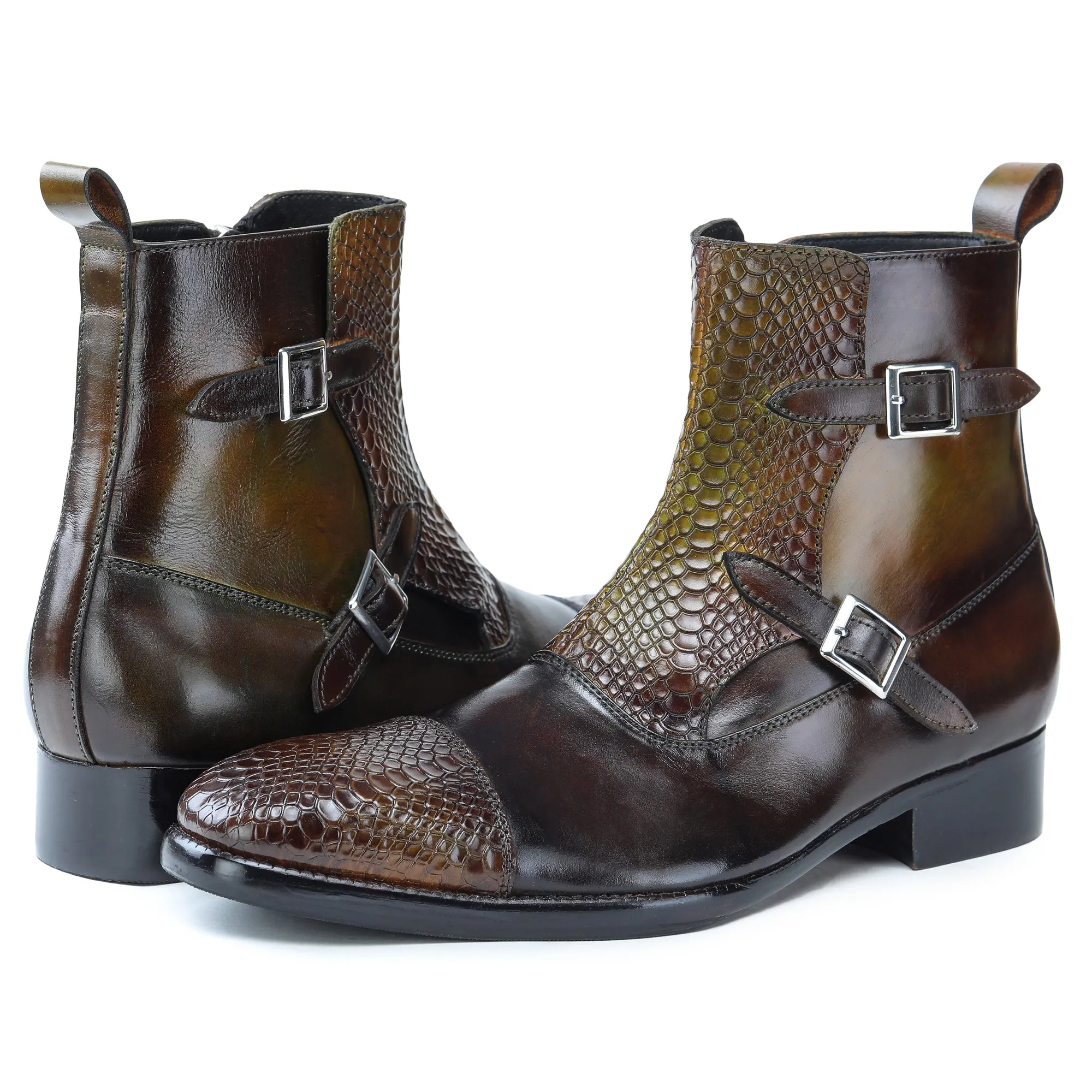 Captoe Double Monk Strap Zipper Boots - Olive