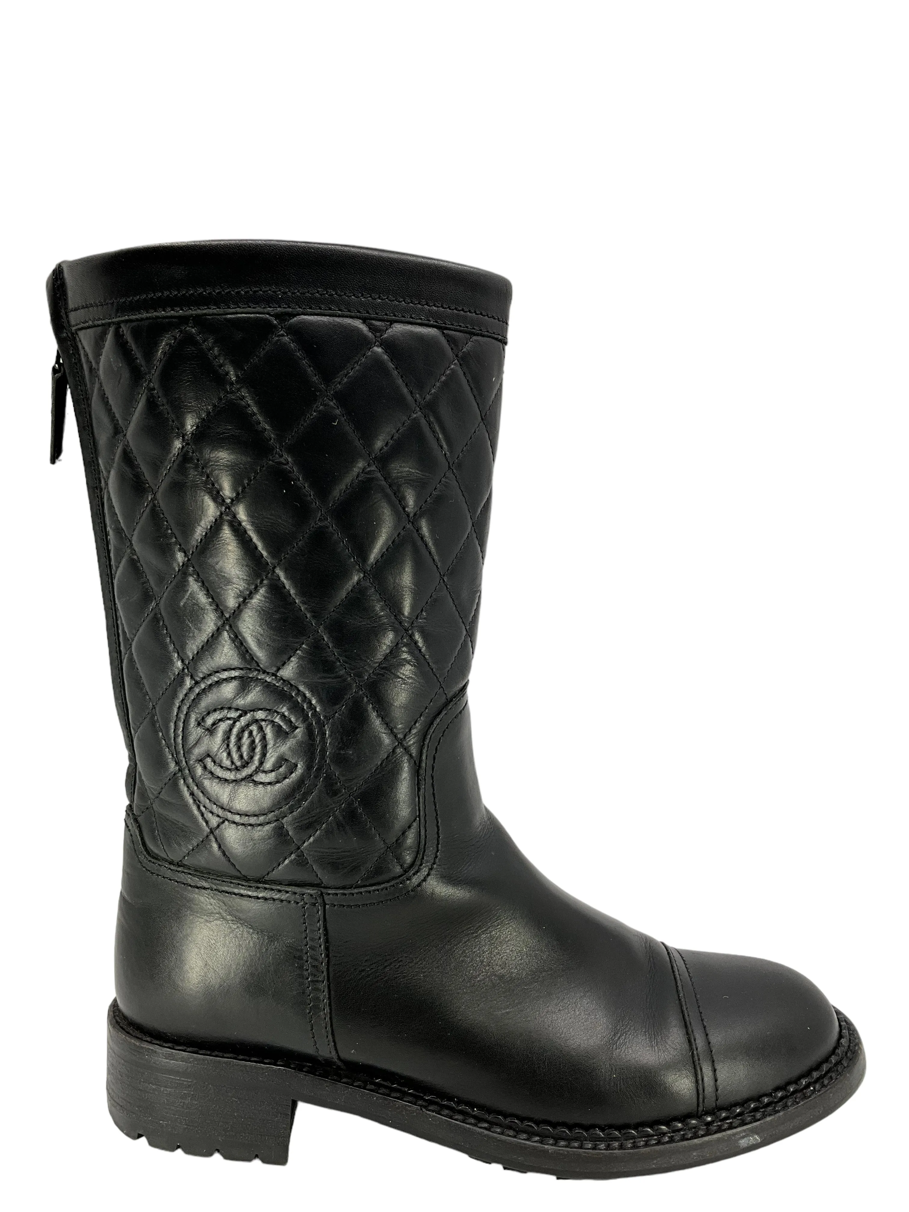 CHANEL Black Calfskin Quilted CC Boots Size 8.5