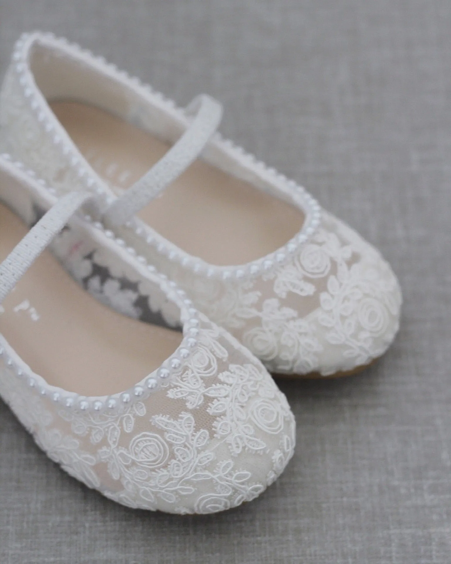 Crochet Lace Mary Jane Flats with Mini Pearls