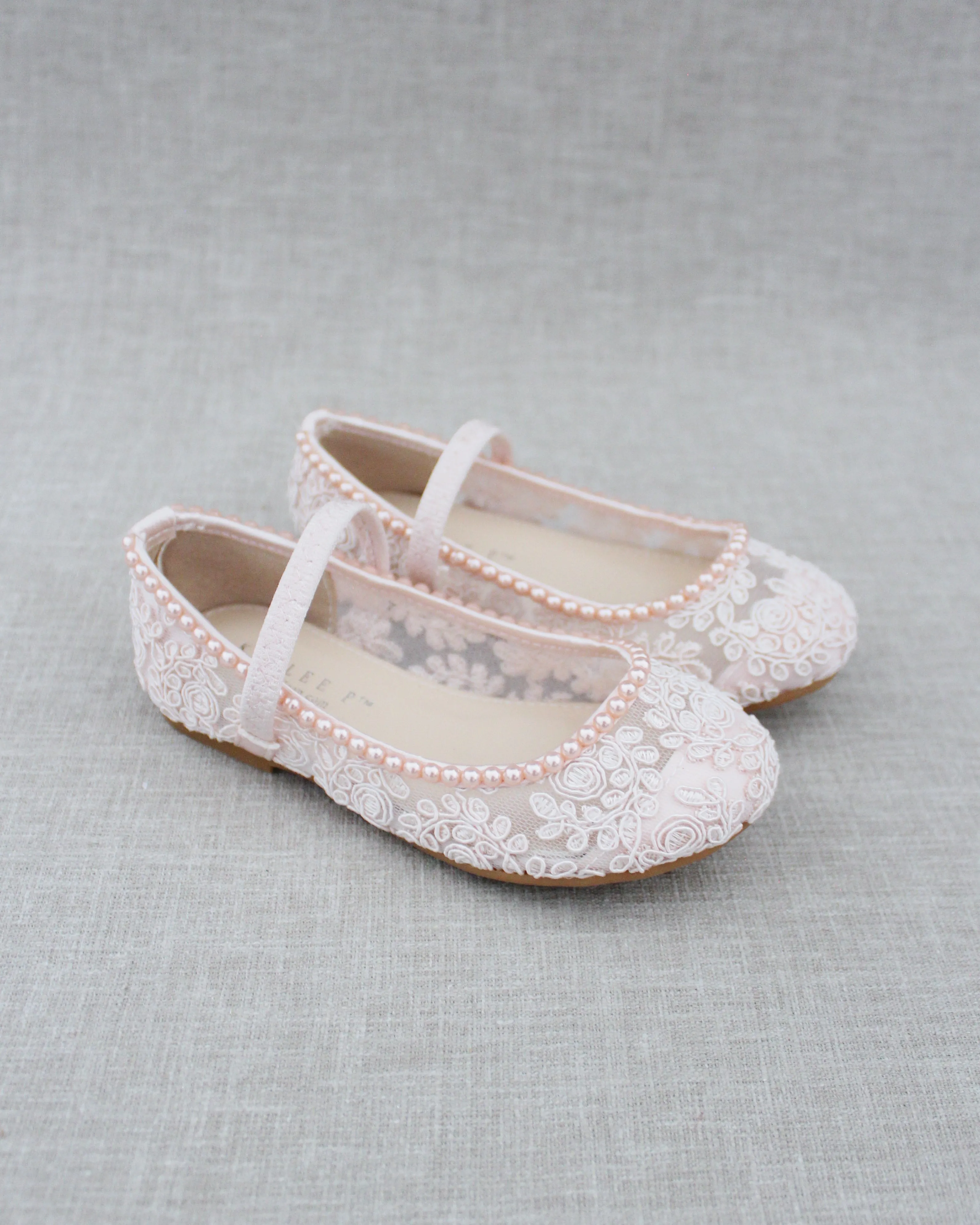 Crochet Lace Mary Jane Flats with Mini Pearls