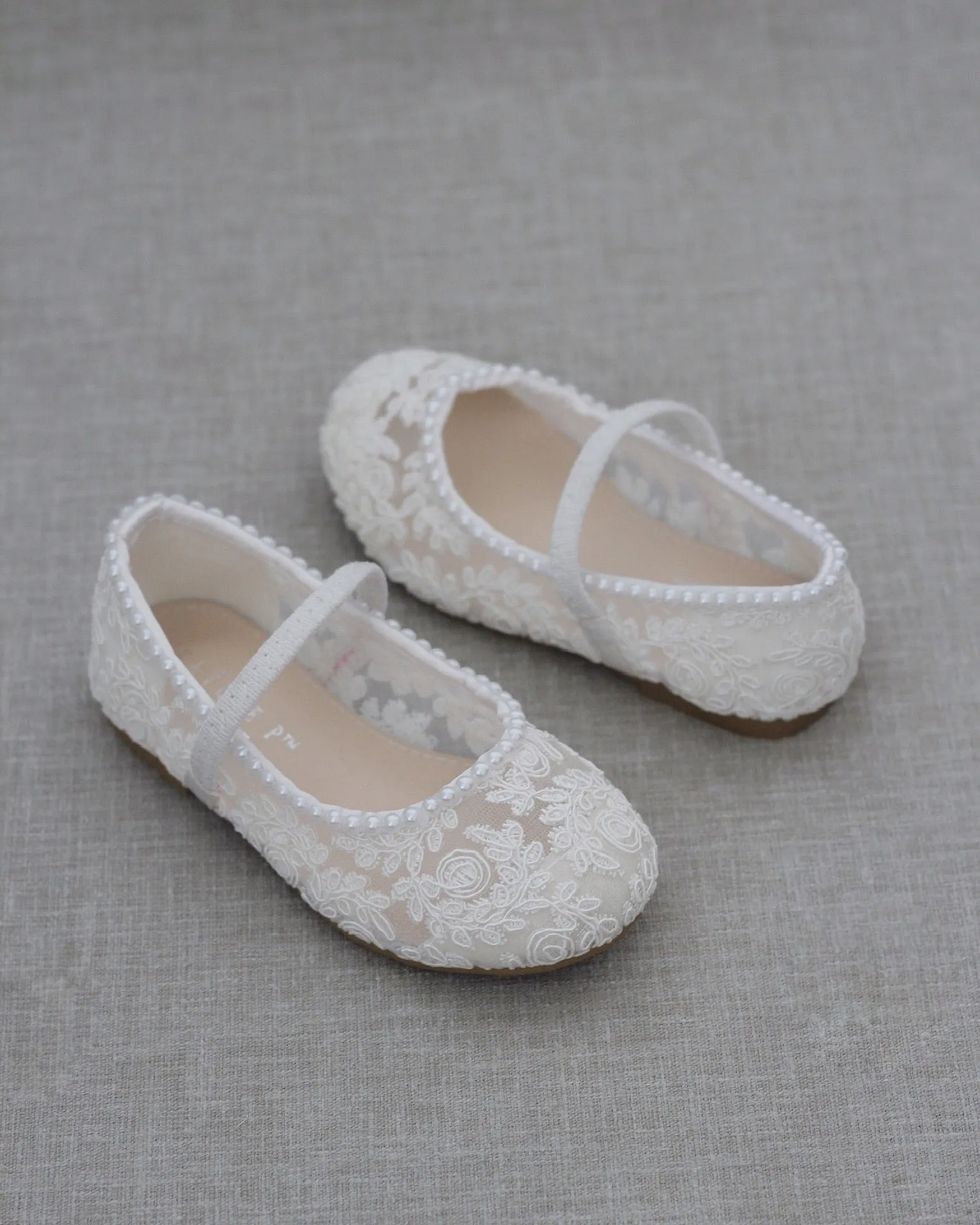 Crochet Lace Mary Jane Flats with Mini Pearls