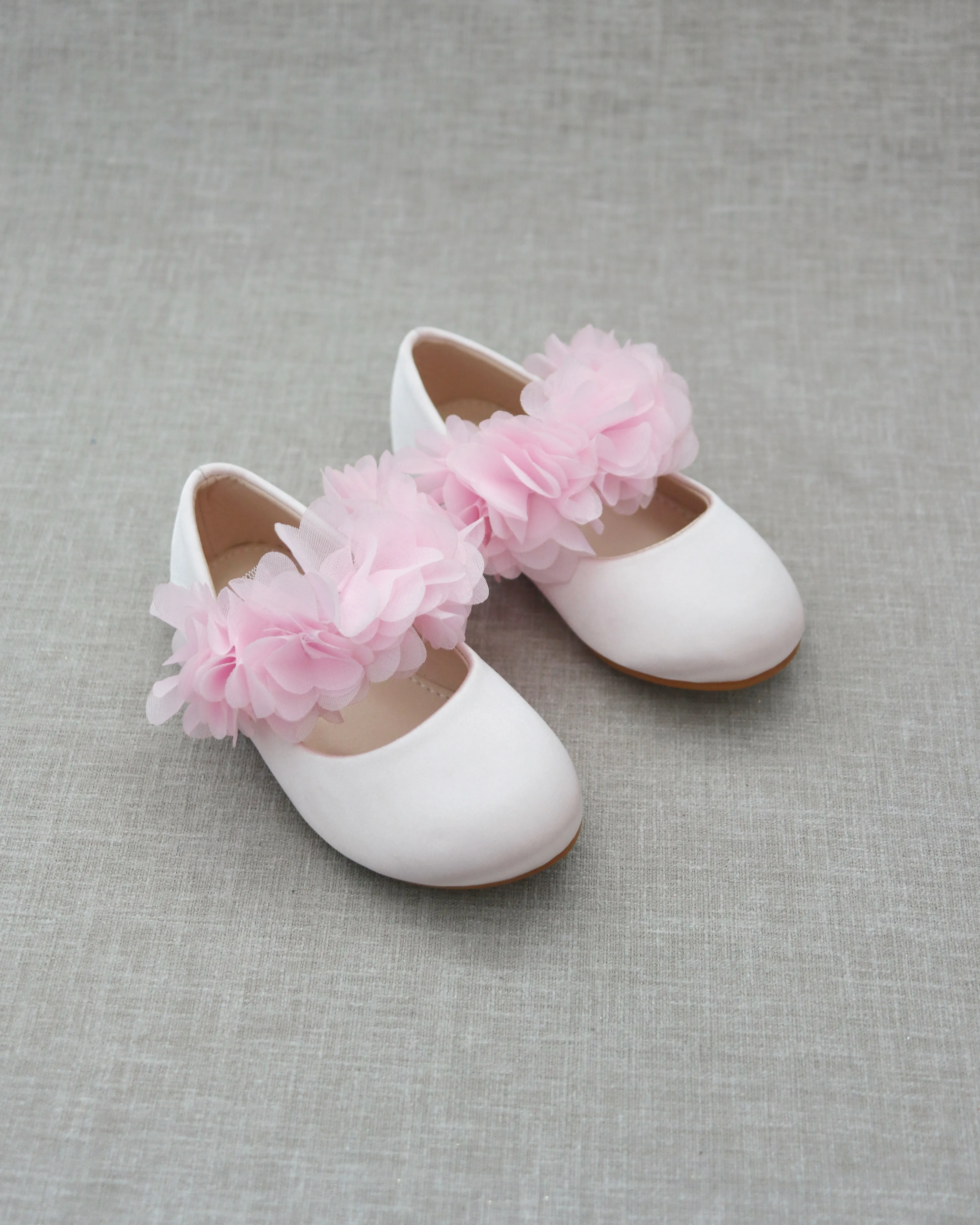 Dusty Pink Satin Mary Jane Flats with Chiffon Flowers