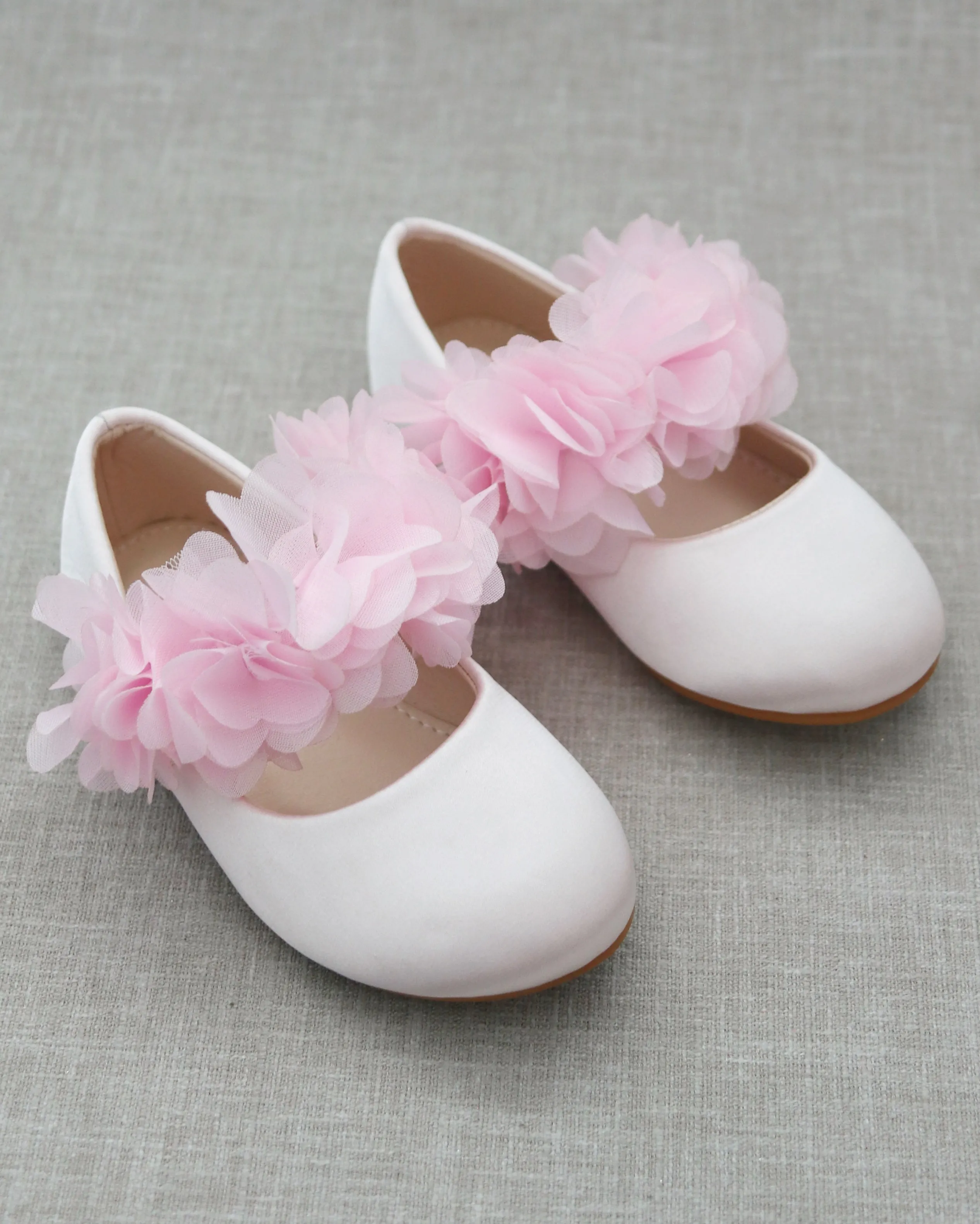 Dusty Pink Satin Mary Jane Flats with Chiffon Flowers