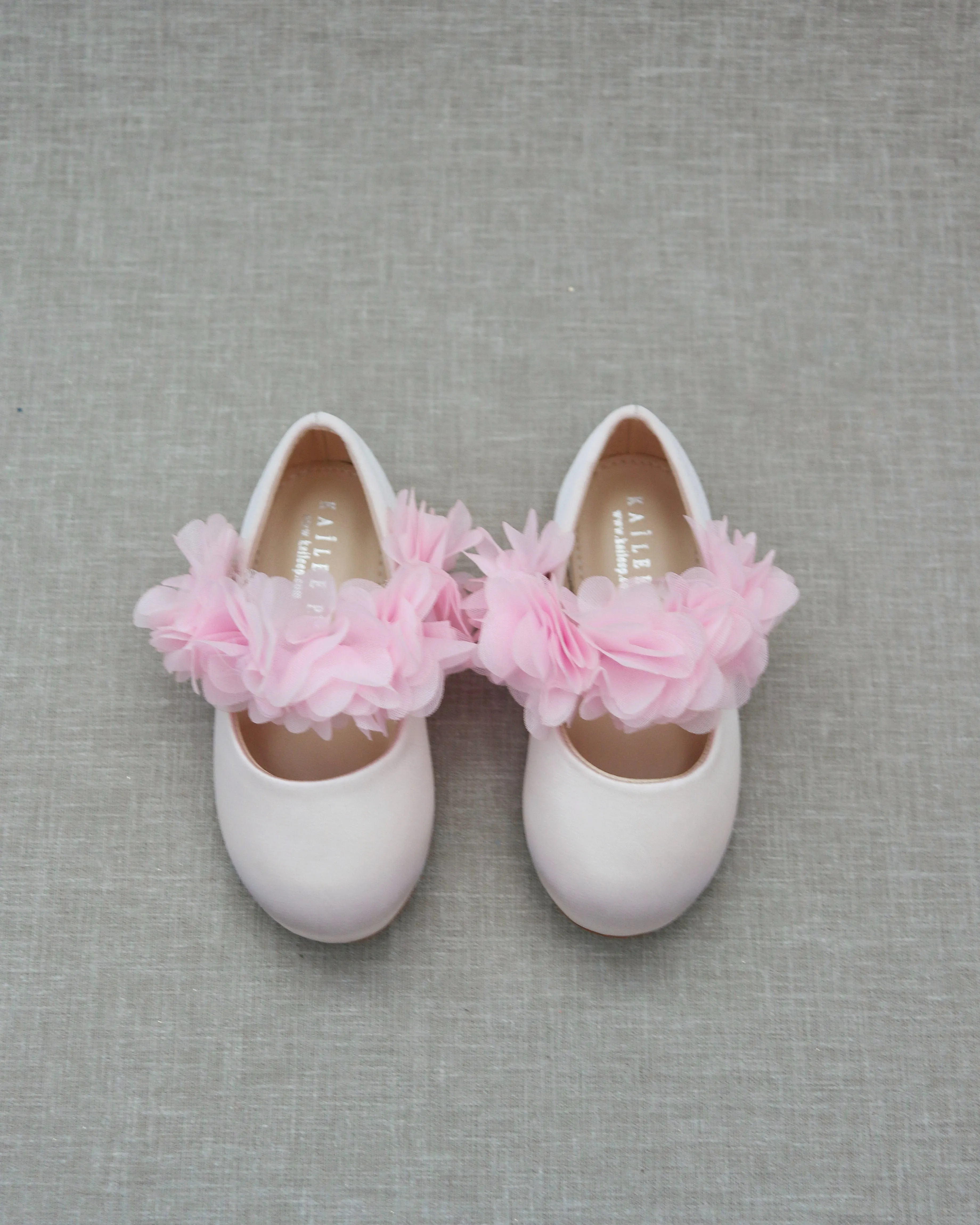 Dusty Pink Satin Mary Jane Flats with Chiffon Flowers