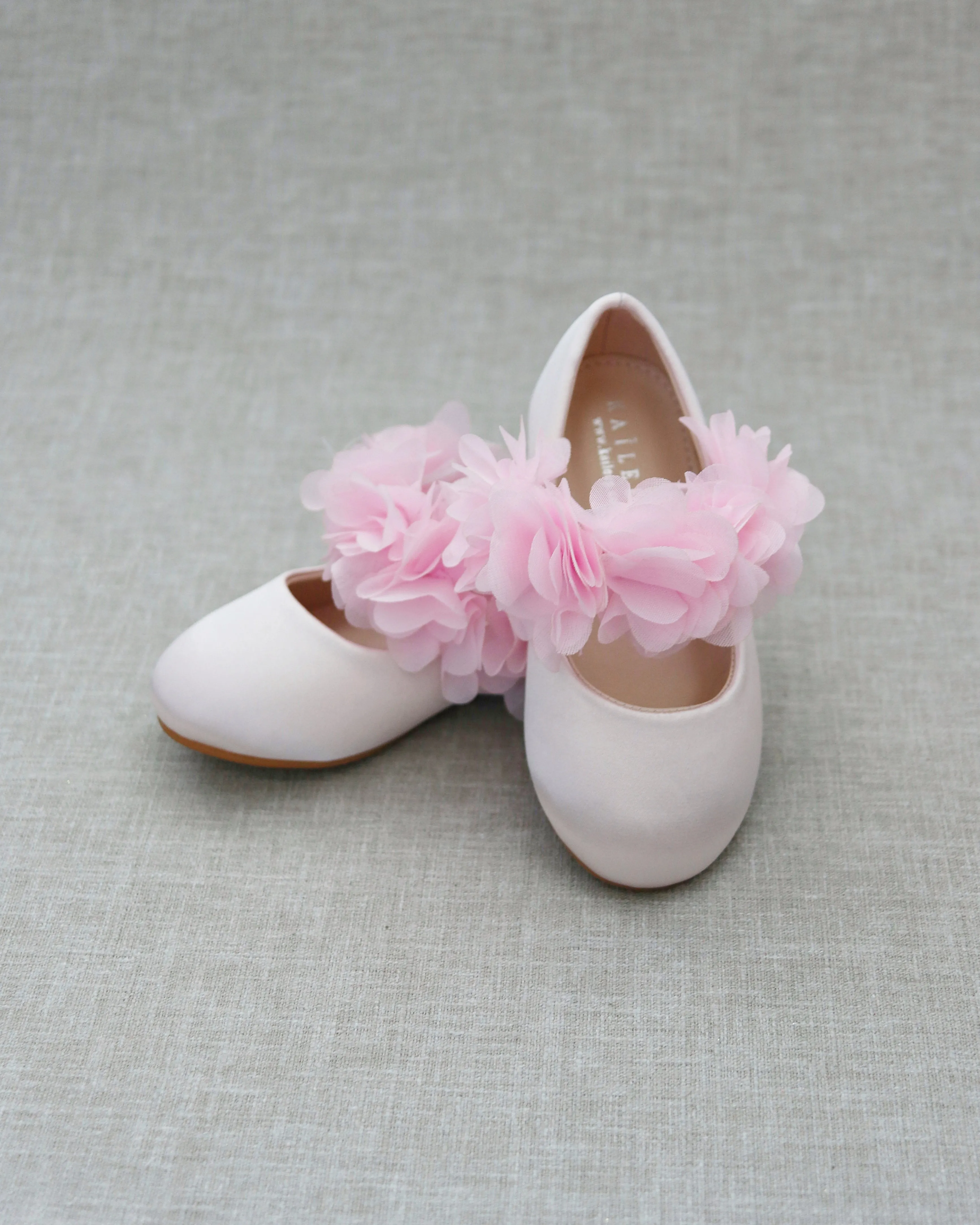 Dusty Pink Satin Mary Jane Flats with Chiffon Flowers