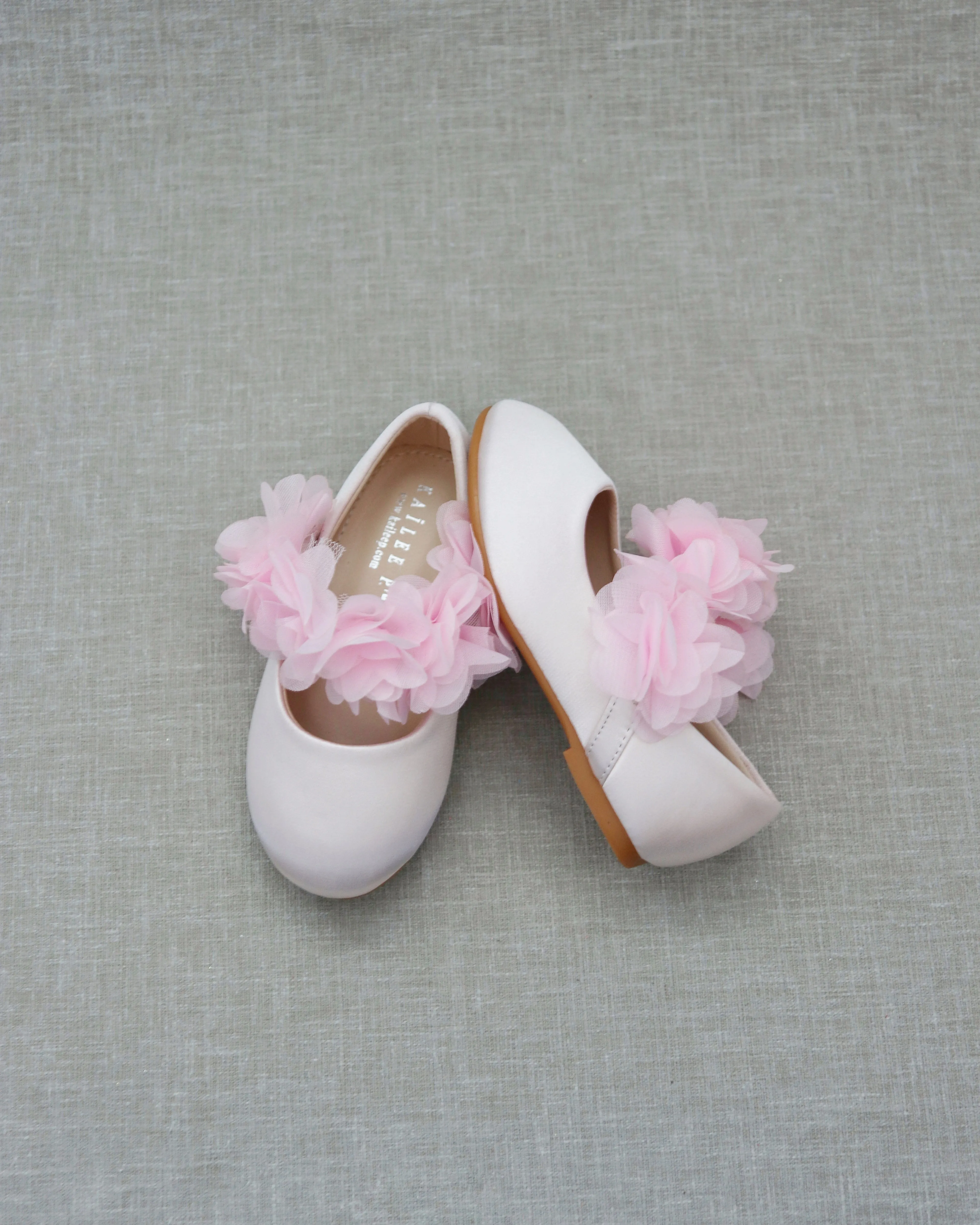 Dusty Pink Satin Mary Jane Flats with Chiffon Flowers