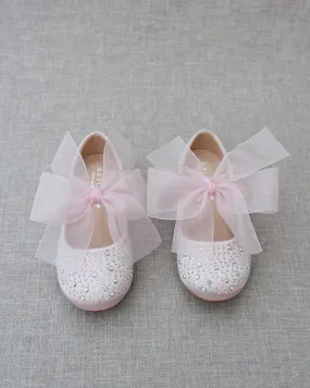 Dusty Pink Satin Mary Jane Flats with Rhinestones Embellishment and Chiffon Bow