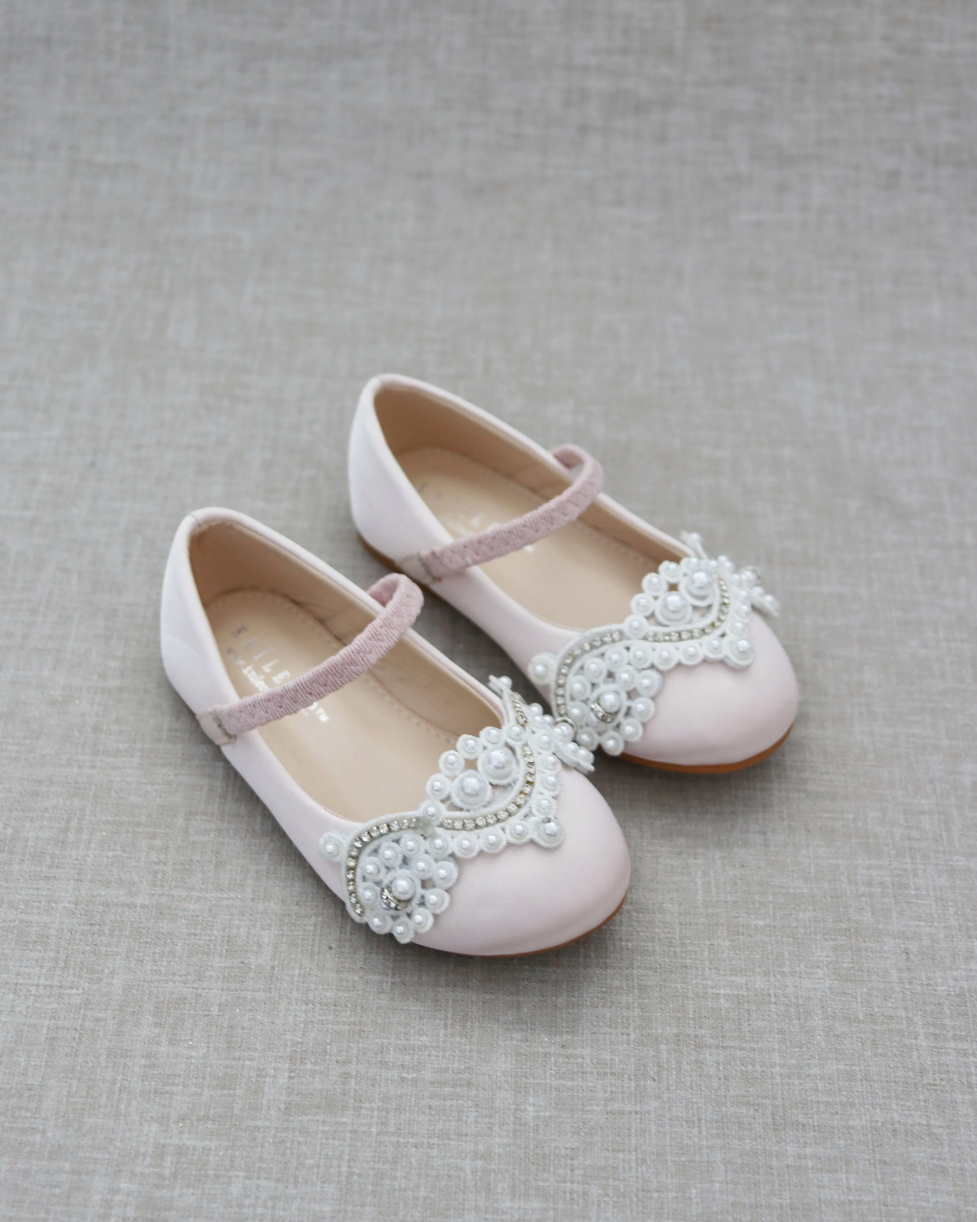 Dusty Pink Satin Mary Jane Flats with Small Pearls Applique