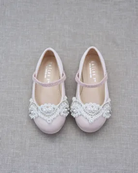 Dusty Pink Satin Mary Jane Flats with Small Pearls Applique