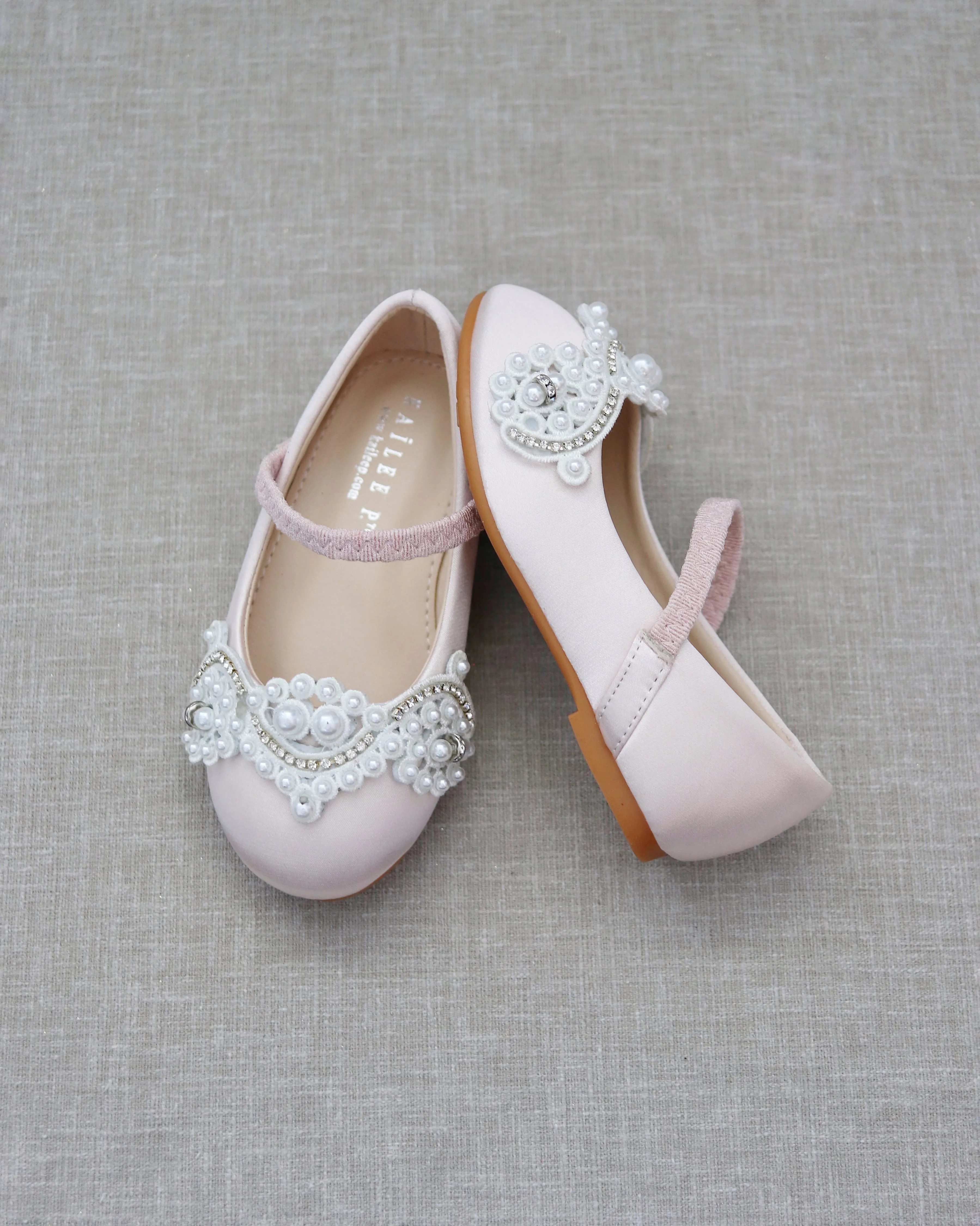 Dusty Pink Satin Mary Jane Flats with Small Pearls Applique