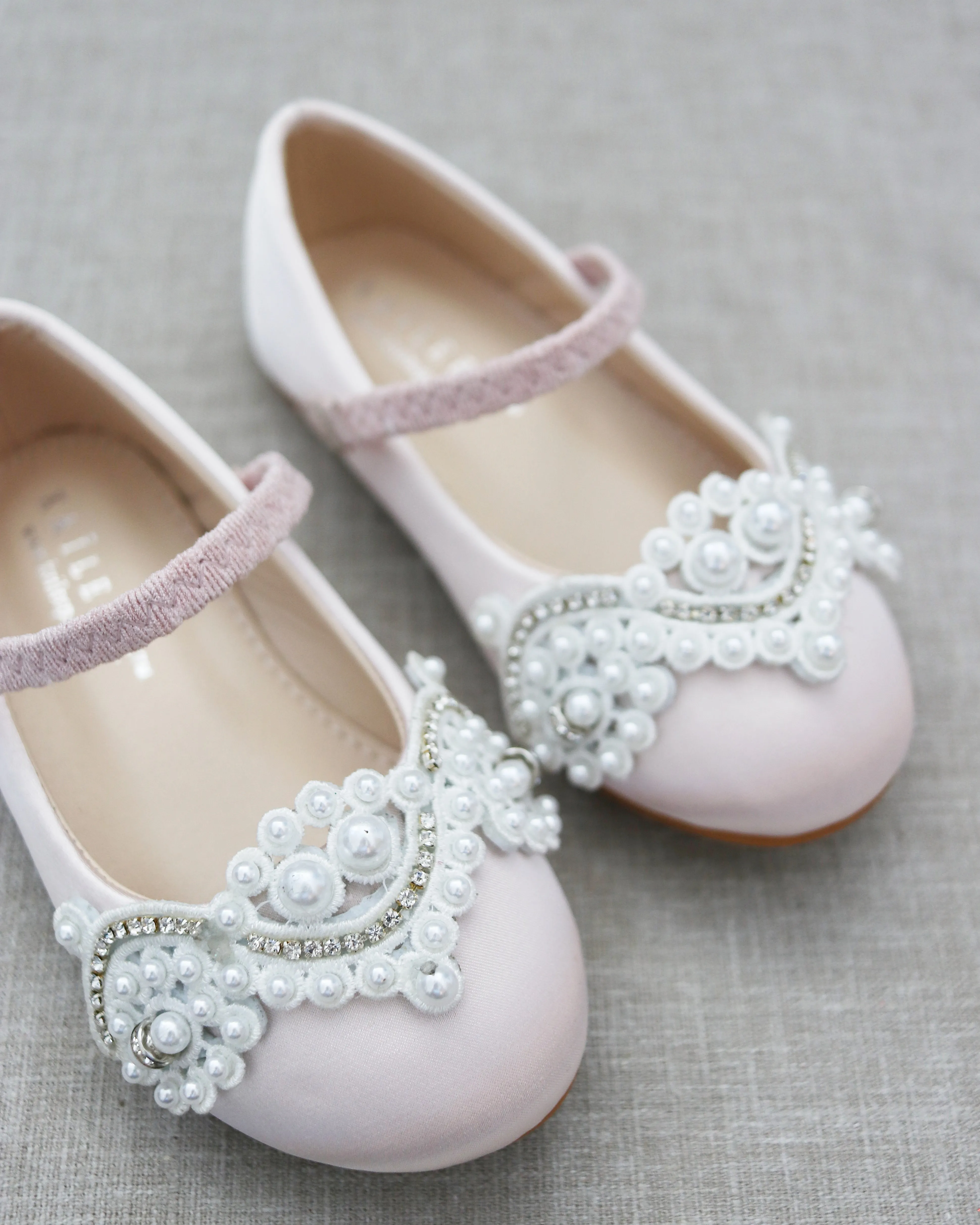 Dusty Pink Satin Mary Jane Flats with Small Pearls Applique