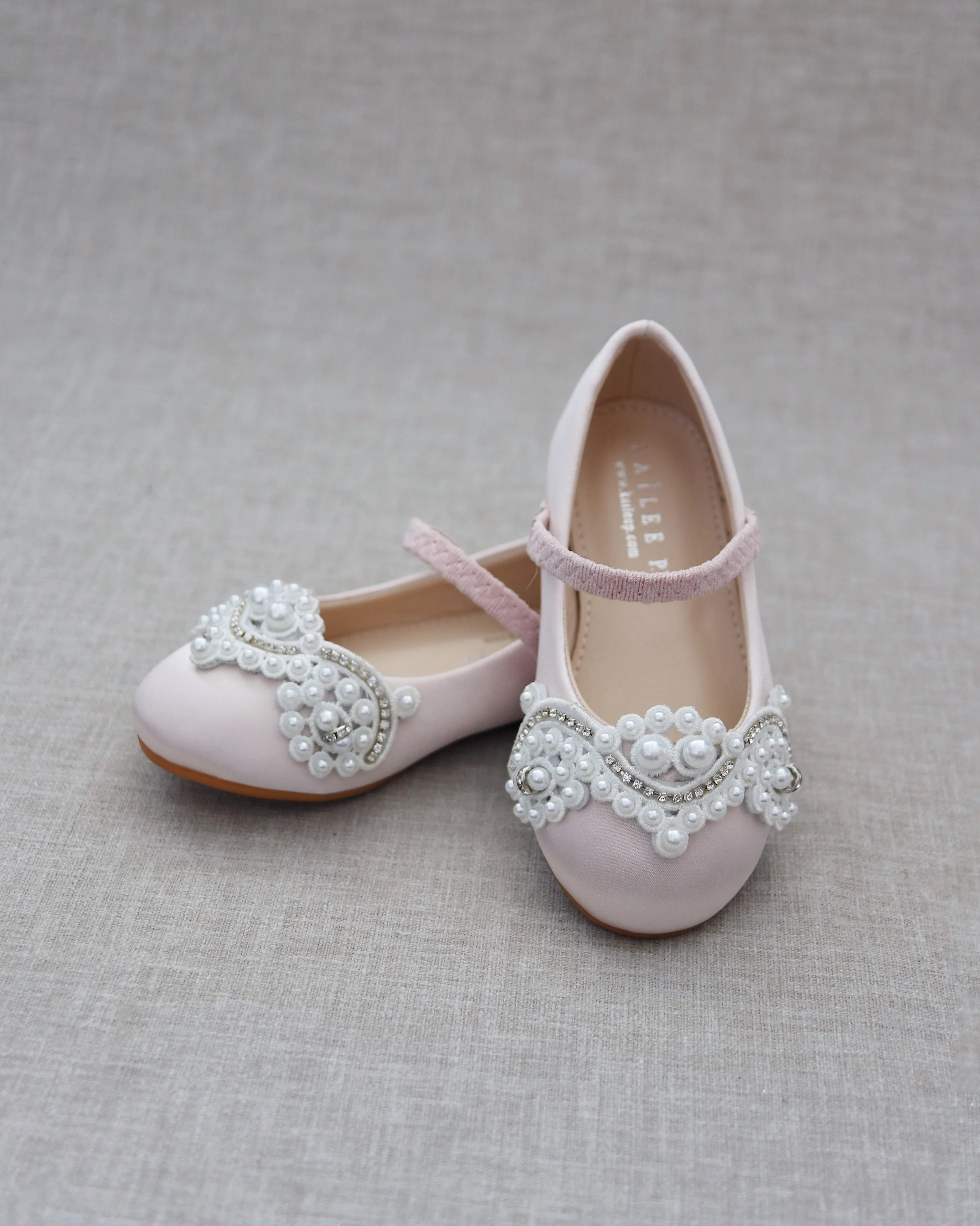 Dusty Pink Satin Mary Jane Flats with Small Pearls Applique