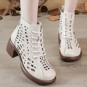 First Layer Cowhide Spring Summer Chunky Heel Martin Boots Women's Retro High Heel Hollow Boots Thick-Soled Leather Sandal Boots Hole Shoes