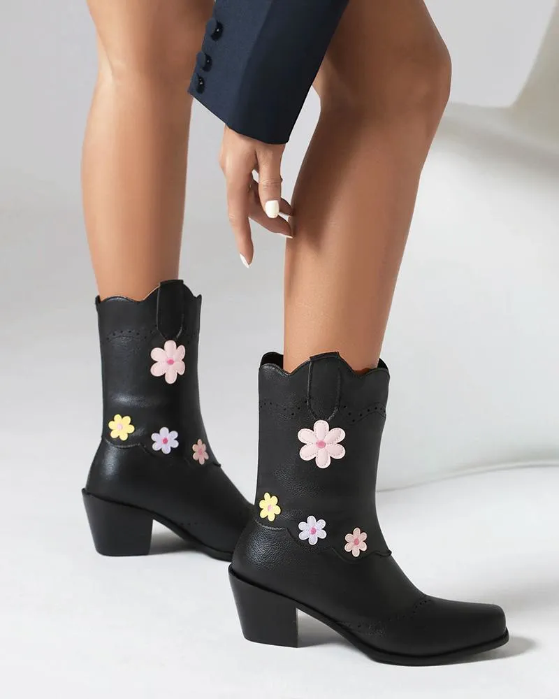 Floral Color-Blocking Ankle Boots