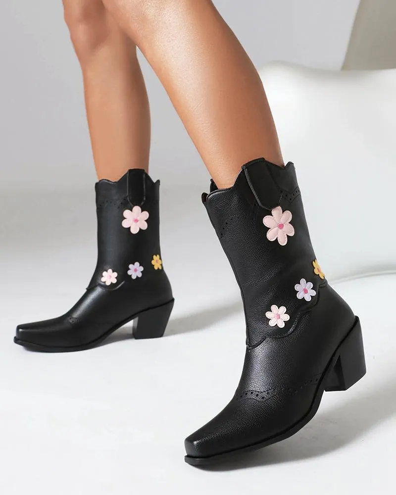 Floral Color-Blocking Ankle Boots