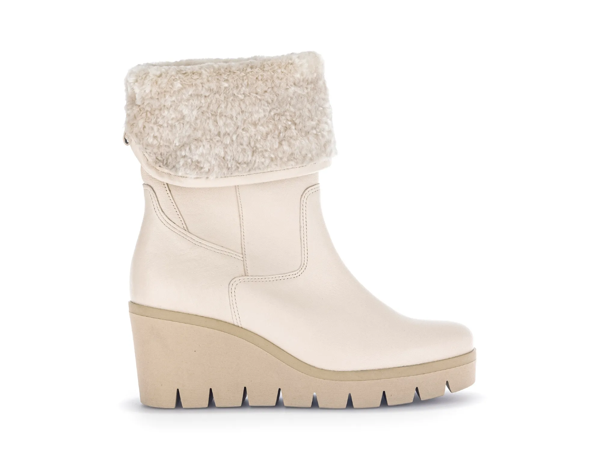 GABOR Cream Leather Wedge Boots with Faux Fur Cuff