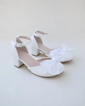 Girls Satin Block Heel with Tulle Bow