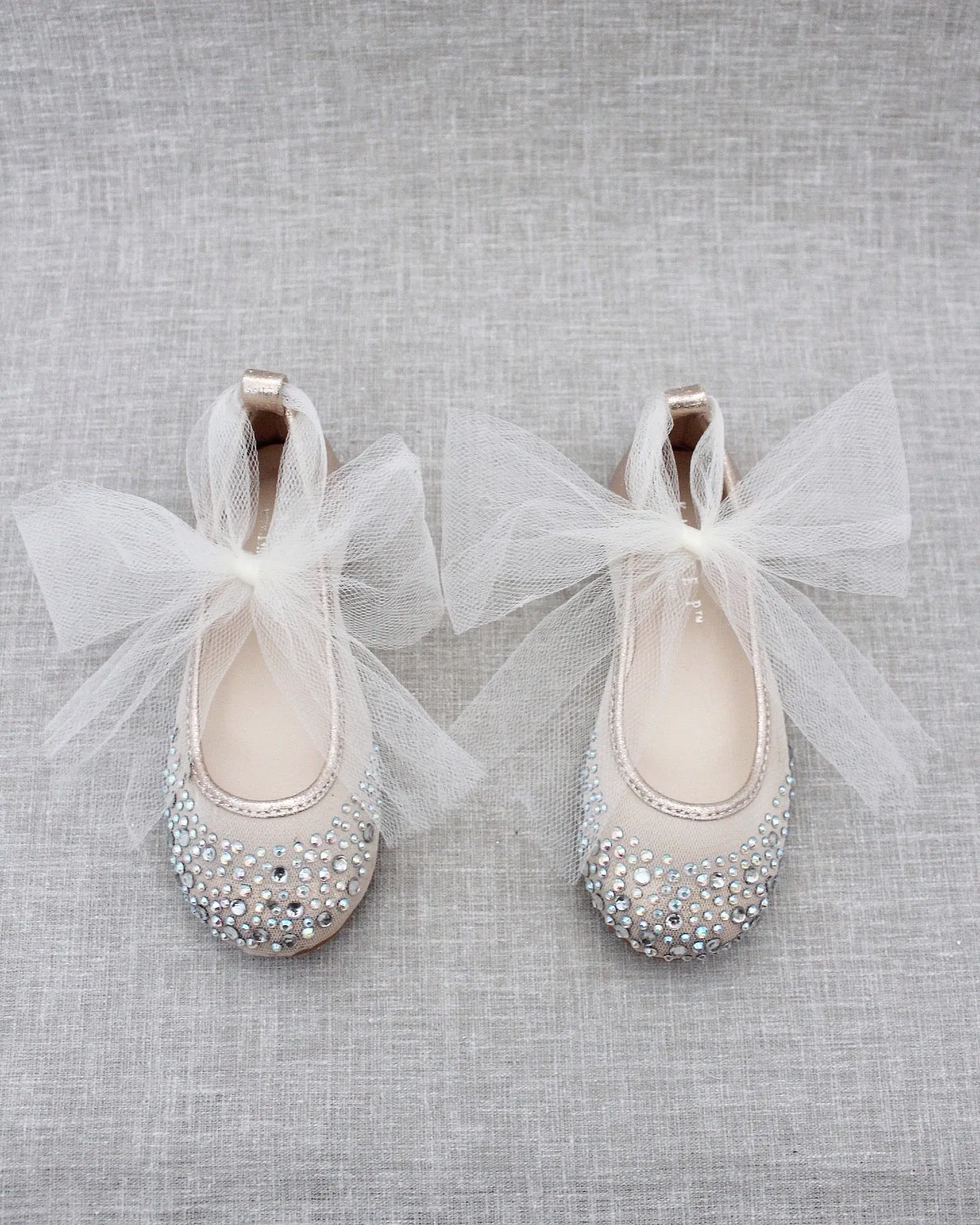 Gold Embellished Mesh Ballet Flats with Tulle Ankle Strap