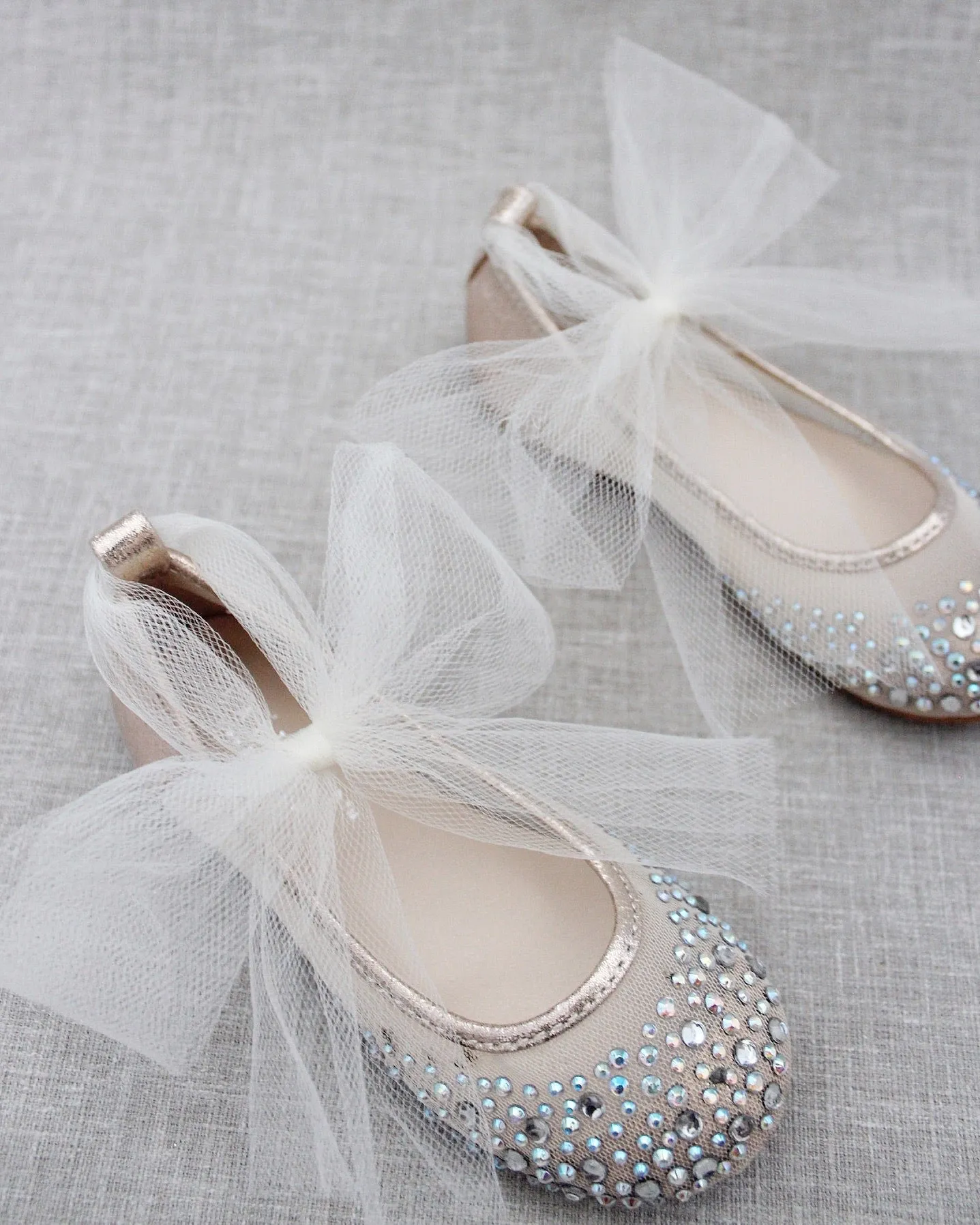 Gold Embellished Mesh Ballet Flats with Tulle Ankle Strap