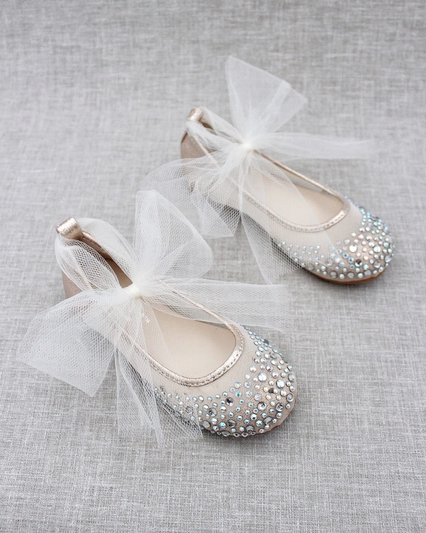 Gold Embellished Mesh Ballet Flats with Tulle Ankle Strap