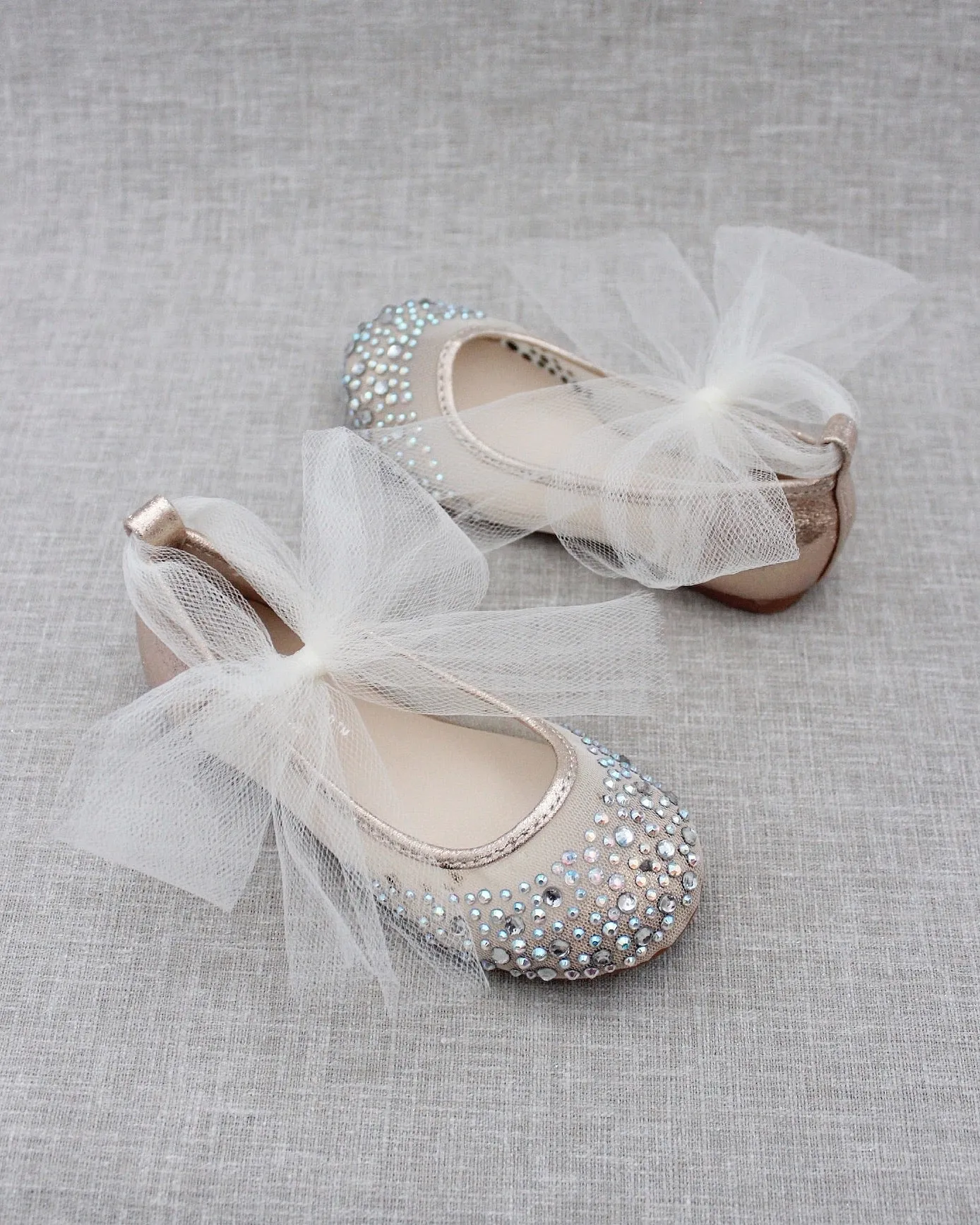 Gold Embellished Mesh Ballet Flats with Tulle Ankle Strap