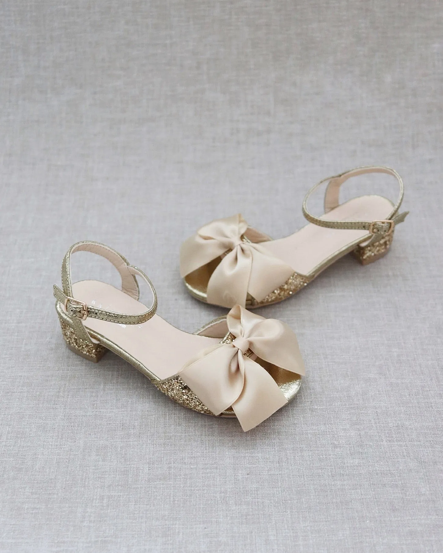 Gold Rock Glitter Block Heel Sandals with Bow