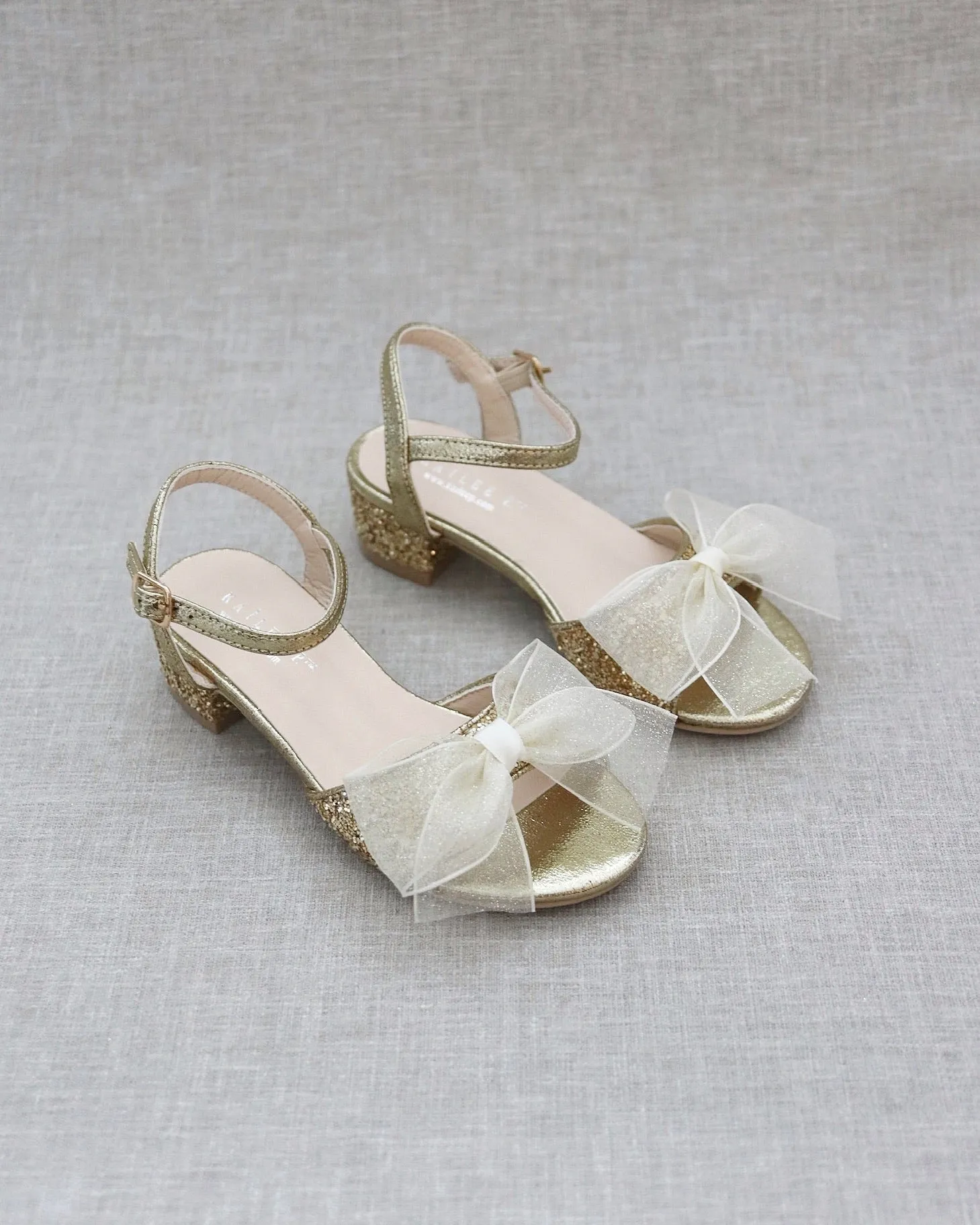 Gold Rock Glitter Block Heel Sandals with Bow