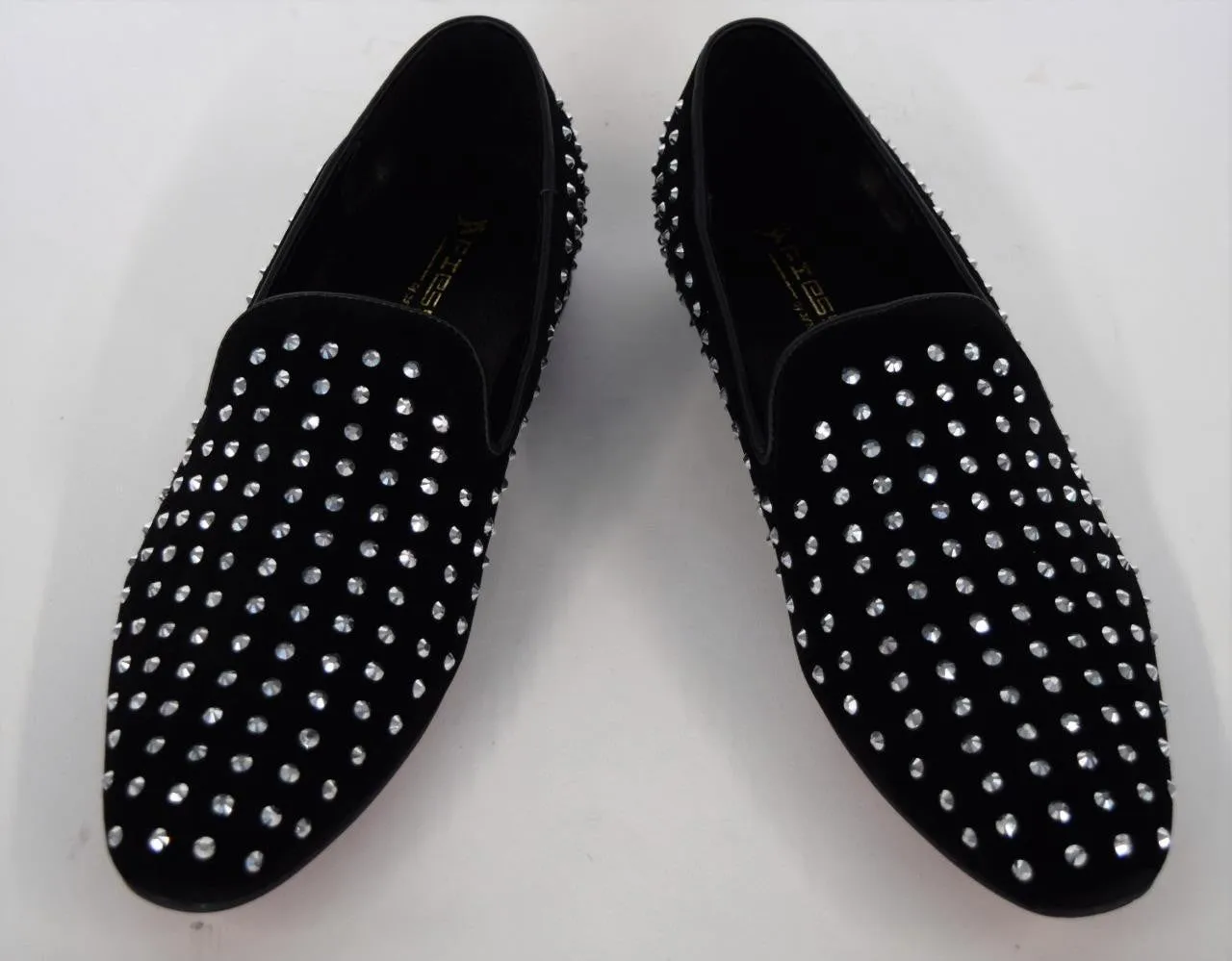 Men's Fiesso Black Suede with Clear Crystals Rhinestones Slip On Shoes