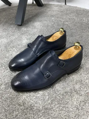 Navy Blue Double Buckled Leather Shoes