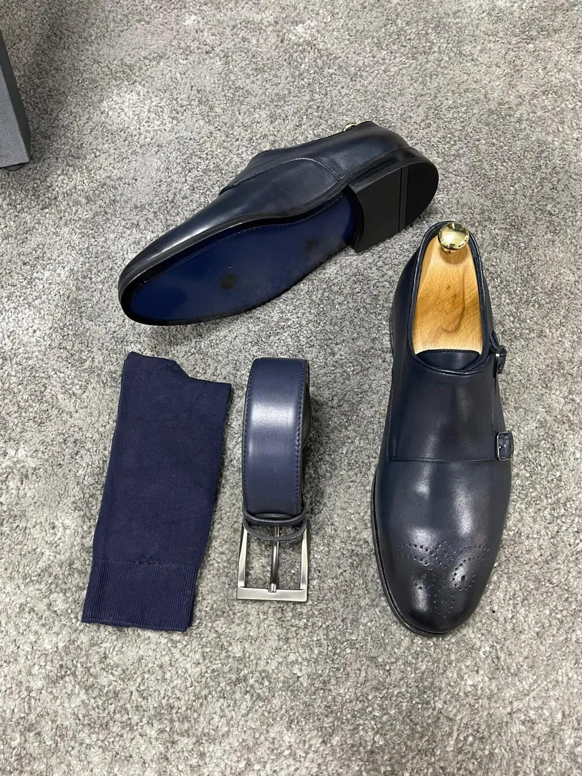 Navy Blue Double Buckled Leather Shoes