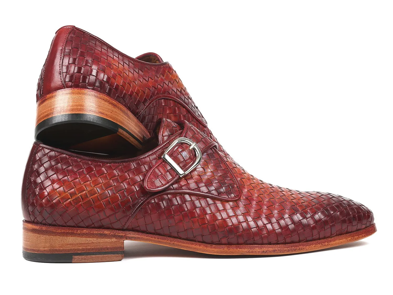 Paul Parkman Reddish Brown Woven Leather Single Monkstraps (ID#011WN57)