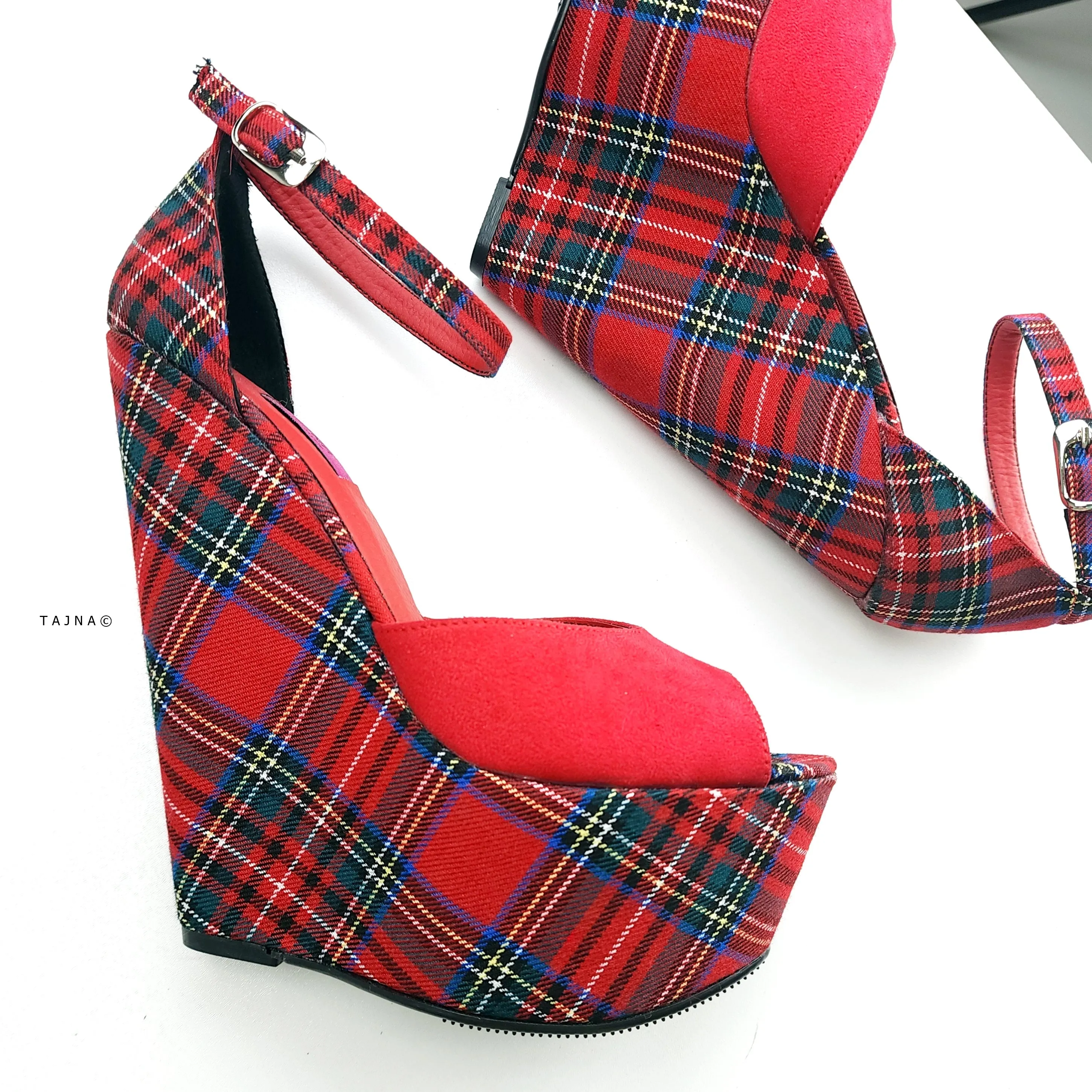 Tartan Red Suede Ankle Strap Wedge Sandals