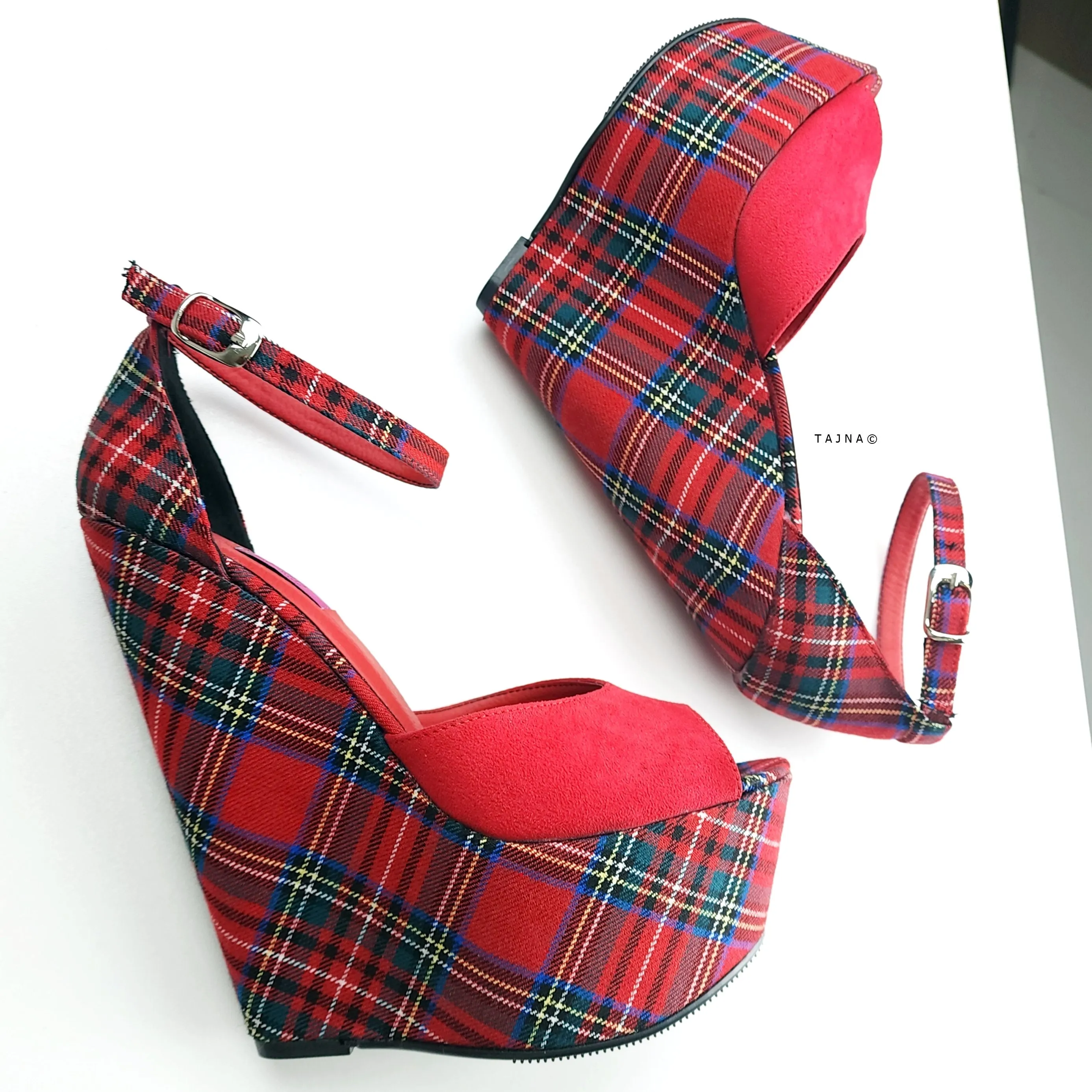 Tartan Red Suede Ankle Strap Wedge Sandals