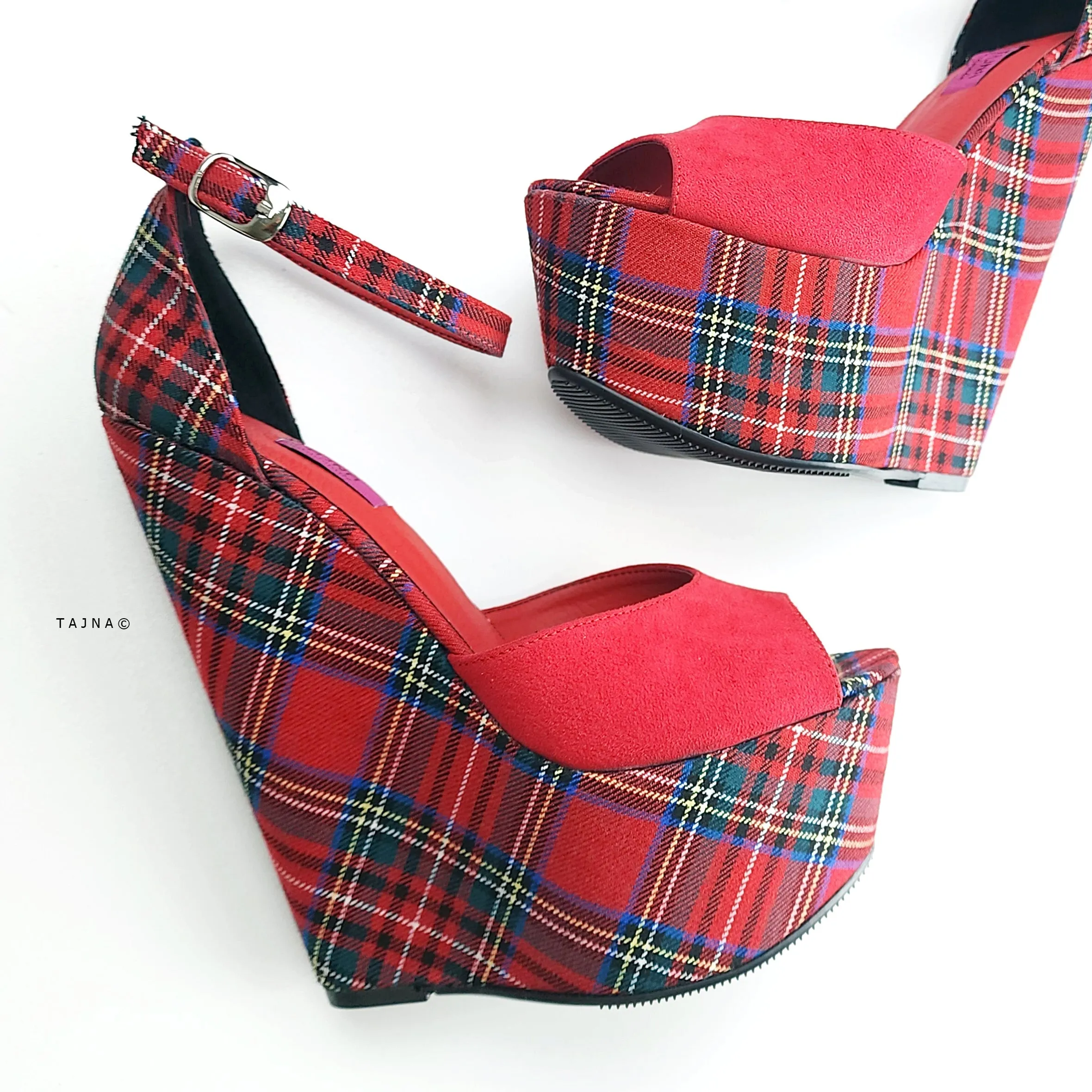 Tartan Red Suede Ankle Strap Wedge Sandals