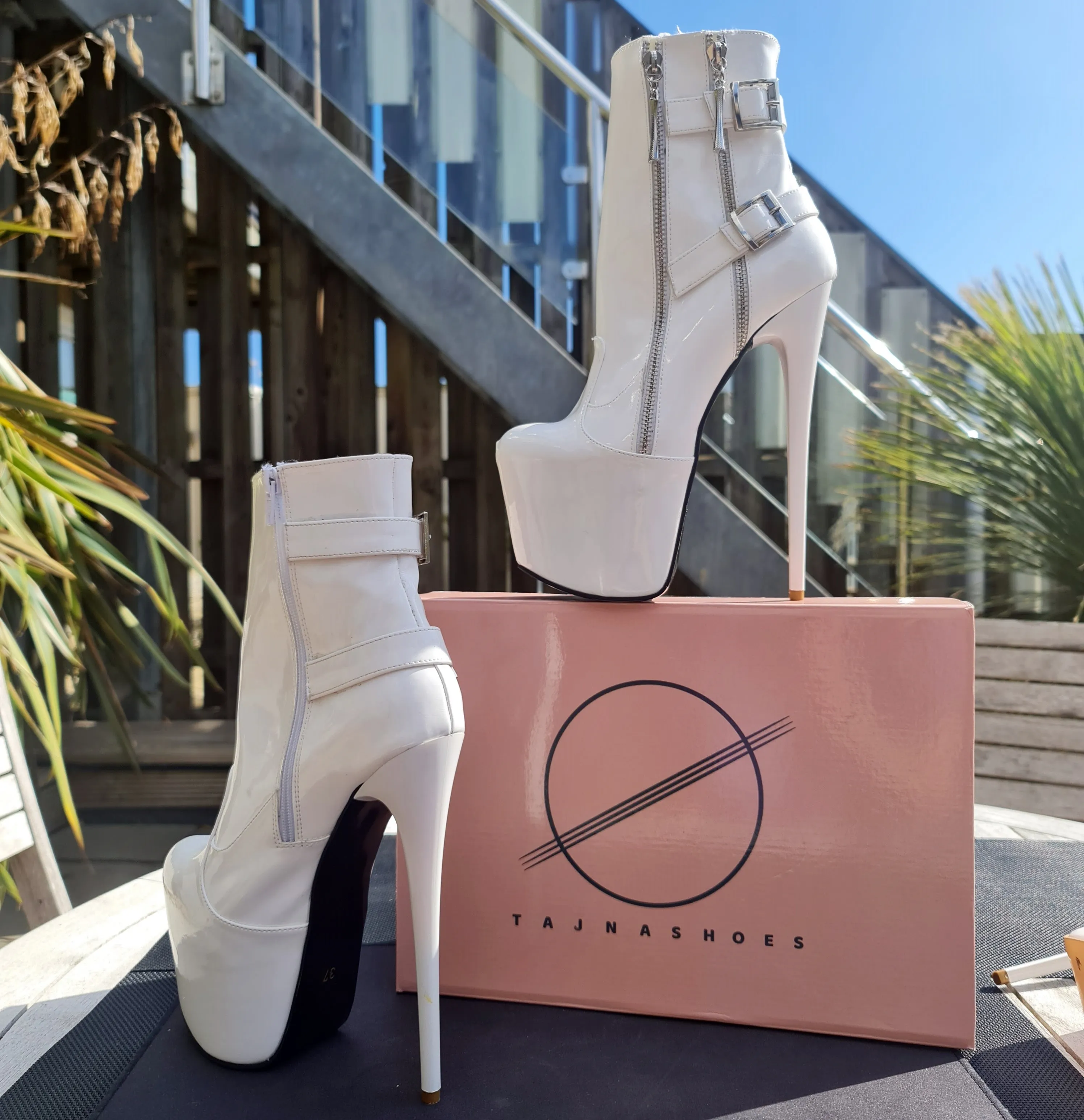 White Rocker Double Zip Belted High Heel Boots