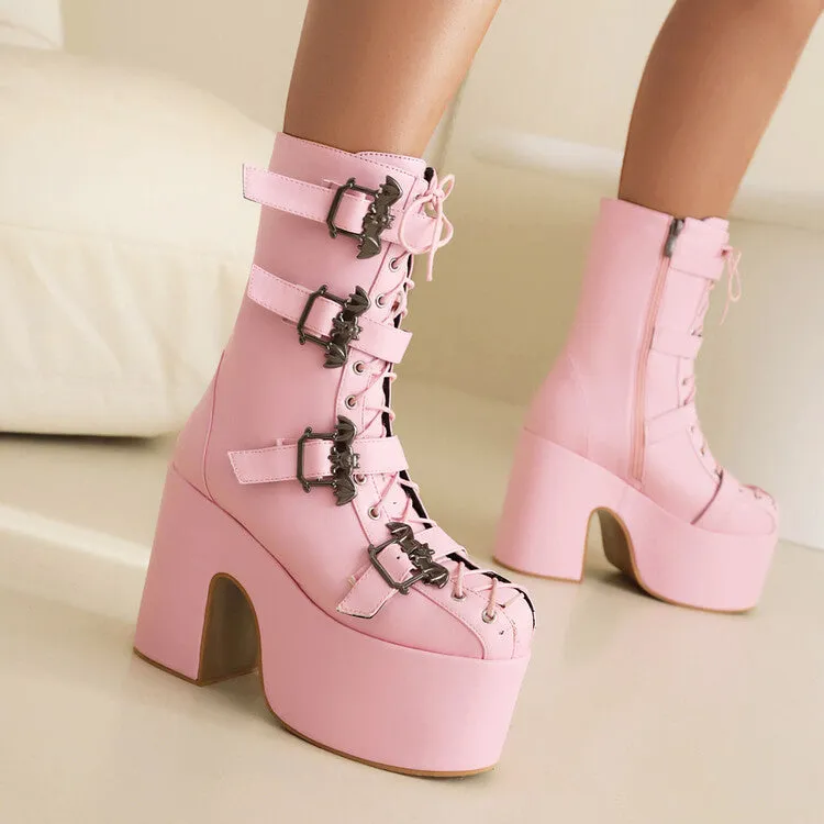 Women's Buckle Straps Lace-Up Chunky Heel Platform Mid Calf Boots