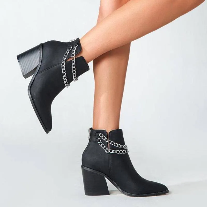 Women's Chain Zipper Back Chunky Heel Boots