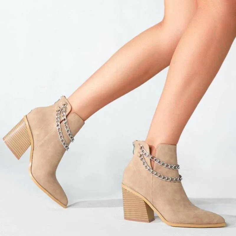 Women's Chain Zipper Back Chunky Heel Boots