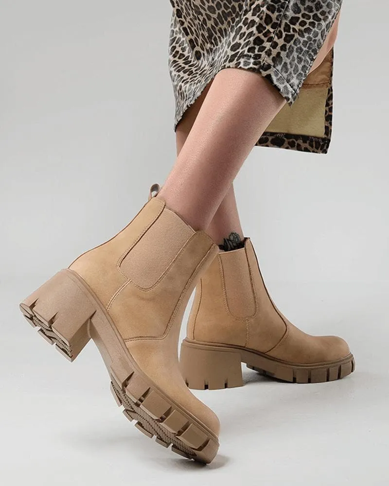 Women's Fashion Outdoor Color-Blocking Round Toe Chunky Heel Ankle Boots