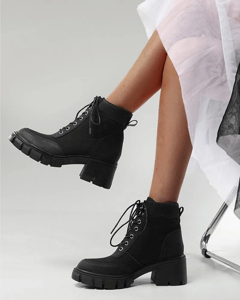 Women's Fashion Outdoor Solid Color Lace-up Chunky Heel Ankle Boots