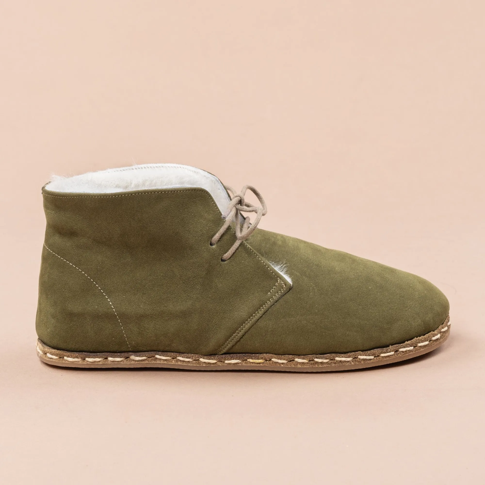 Women's Olive Barefoot Oxford Boots with Fur